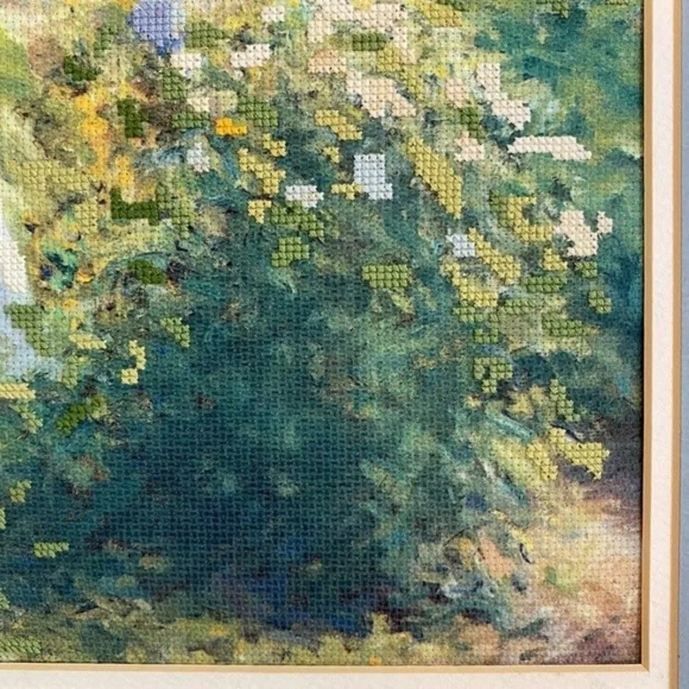 Cross Stitch Framed Wall Hanging Crewel Signed Bright Colorful Floral 18